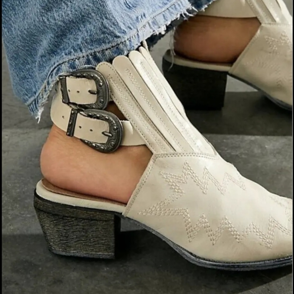 Free People Isabelle Western Buckle Ivory White Mules